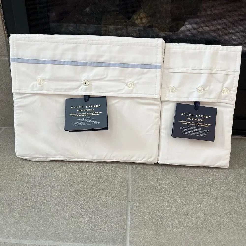 Ralph Lauren Full Flat Sheet Stand Pillow Case Organic Cotton Palmer‎ Sky Blue